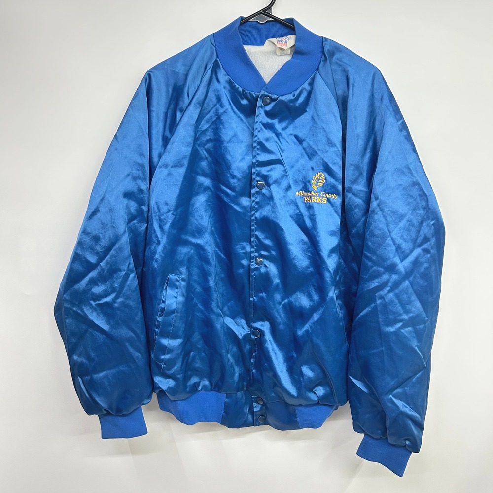 WestArk Vintage Satin Bomber Jacket XL Blue Milwaukee County Parks Gorpcore